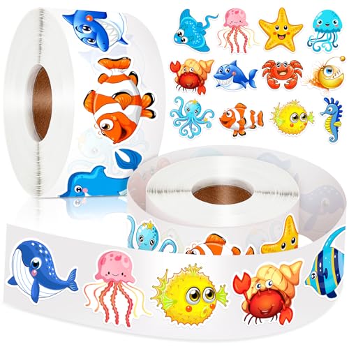 1200 Ocean Animal Stickers Roll - 2 Rolls, 16 Designs, Reusable - KFPPLXQ
