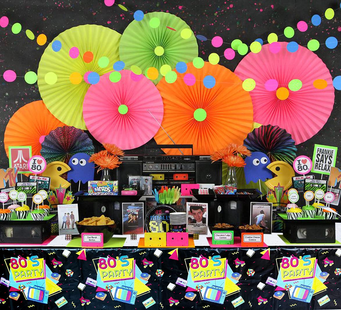122 Pcs 80s Retro Party Supplies Set - Disposable Plates, Napkins & Tablecloths for 40 Guests