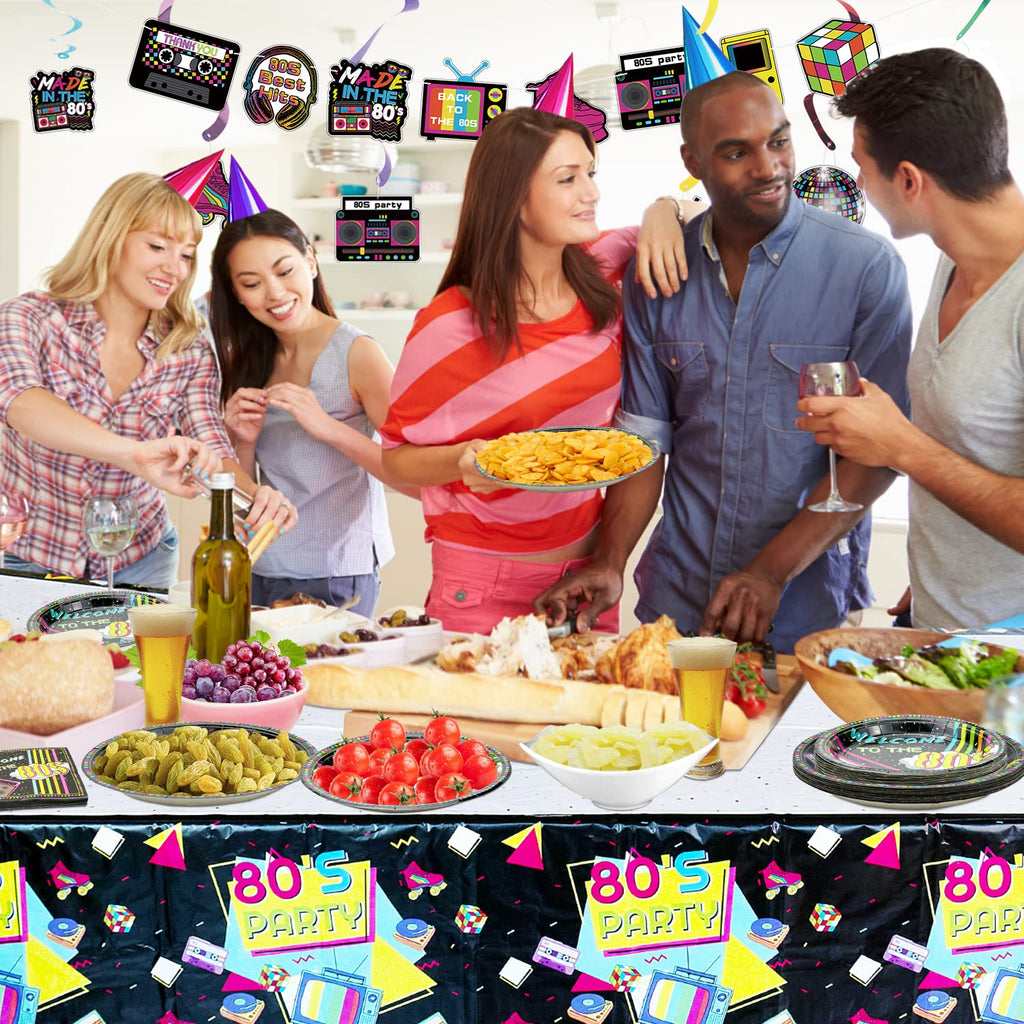 122 Pcs 80s Retro Party Supplies Set - Disposable Plates, Napkins & Tablecloths for 40 Guests