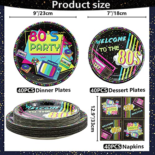 122 Pcs 80s Retro Party Supplies Set - Disposable Plates, Napkins & Tablecloths for 40 Guests