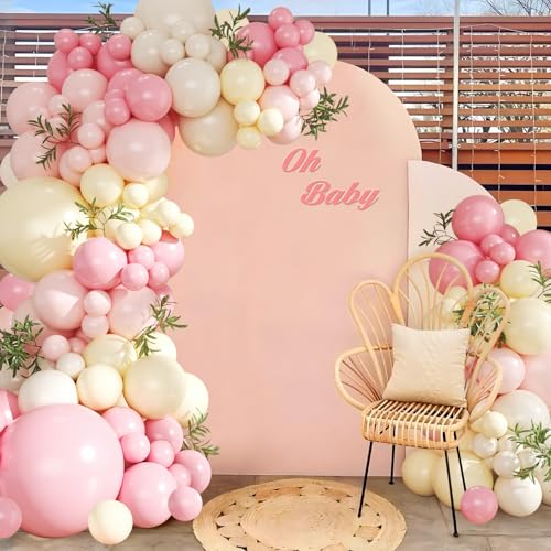 124-Piece Pink and Yellow Balloon Arch Kit with Pastel, Light Pink, Yellow & Sand White Balloons for Baby Shower, Birthday, Wedding Decor