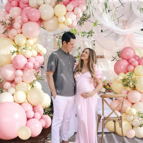 124-Piece Pink and Yellow Balloon Arch Kit with Pastel, Light Pink, Yellow & Sand White Balloons for Baby Shower, Birthday, Wedding Decor