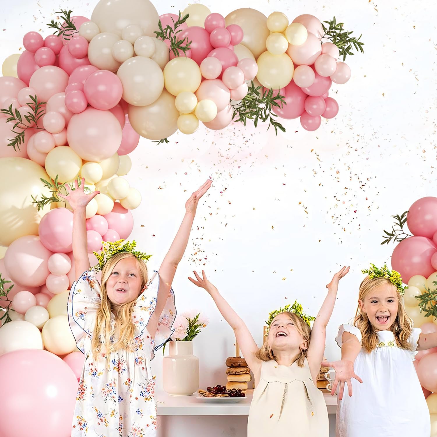 124-Piece Pink and Yellow Balloon Arch Kit with Pastel, Light Pink, Yellow & Sand White Balloons for Baby Shower, Birthday, Wedding Decor