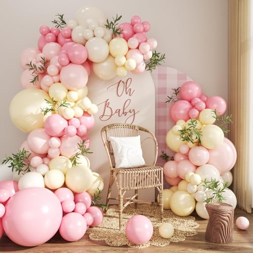 124-Piece Pink and Yellow Balloon Arch Kit with Pastel, Light Pink, Yellow & Sand White Balloons for Baby Shower, Birthday, Wedding Decor