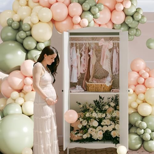 124-Piece Sage Green, Peach & Ivory Balloon Arch Kit by CROSSFINGERS – Pink and Green Balloon Garland for Baby Showers, Weddings, Birthdays & Gender Reveal Parties
