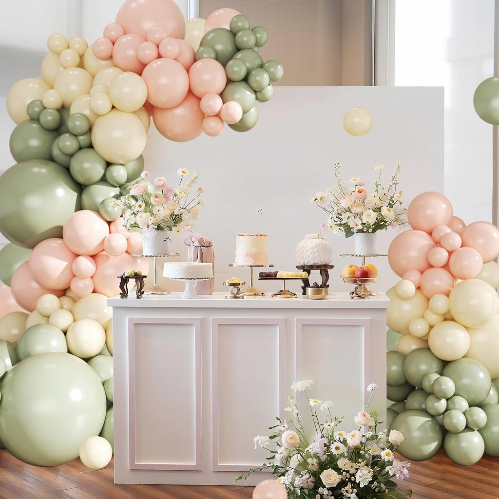124-Piece Sage Green, Peach & Ivory Balloon Arch Kit by CROSSFINGERS – Pink and Green Balloon Garland for Baby Showers, Weddings, Birthdays & Gender Reveal Parties