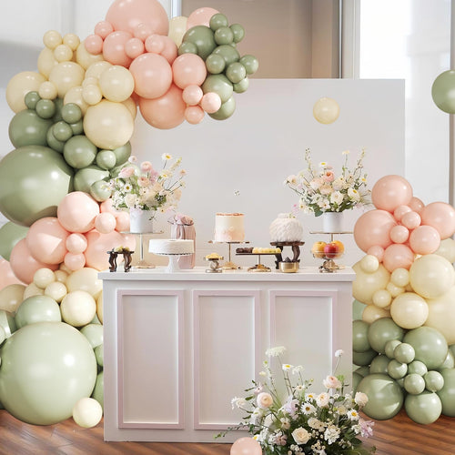 124-Piece Sage Green, Peach & Ivory Balloon Arch Kit by CROSSFINGERS – Pink and Green Balloon Garland for Baby Showers, Weddings, Birthdays & Gender Reveal Parties
