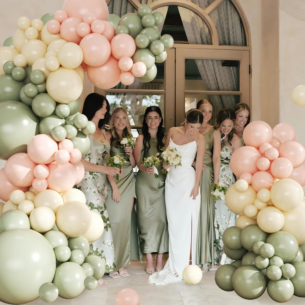 124-Piece Sage Green, Peach & Ivory Balloon Arch Kit by CROSSFINGERS – Pink and Green Balloon Garland for Baby Showers, Weddings, Birthdays & Gender Reveal Parties