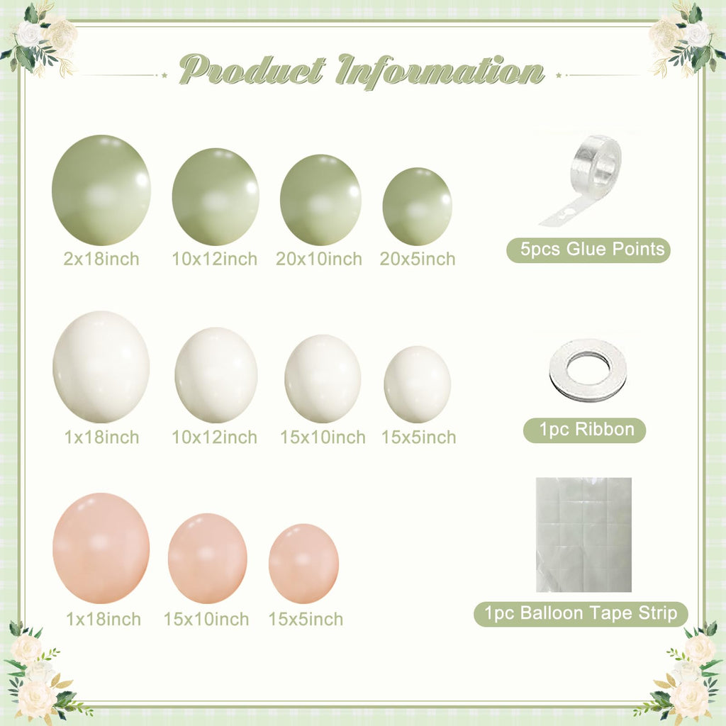124-Piece Sage Green, Peach & Ivory Balloon Arch Kit by CROSSFINGERS – Pink and Green Balloon Garland for Baby Showers, Weddings, Birthdays & Gender Reveal Parties