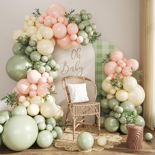 124-Piece Sage Green, Peach & Ivory Balloon Arch Kit by CROSSFINGERS – Pink and Green Balloon Garland for Baby Showers, Weddings, Birthdays & Gender Reveal Parties