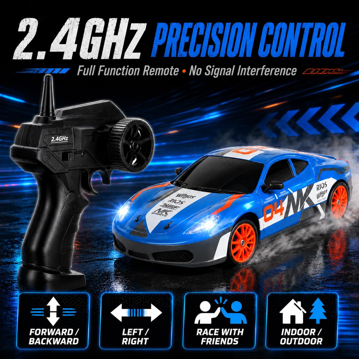 1/24 RC Drift Car 4WD 2.4GHz Remote Control Car with LED Lights and Drift Tires - Liberty Imports (Style 7)