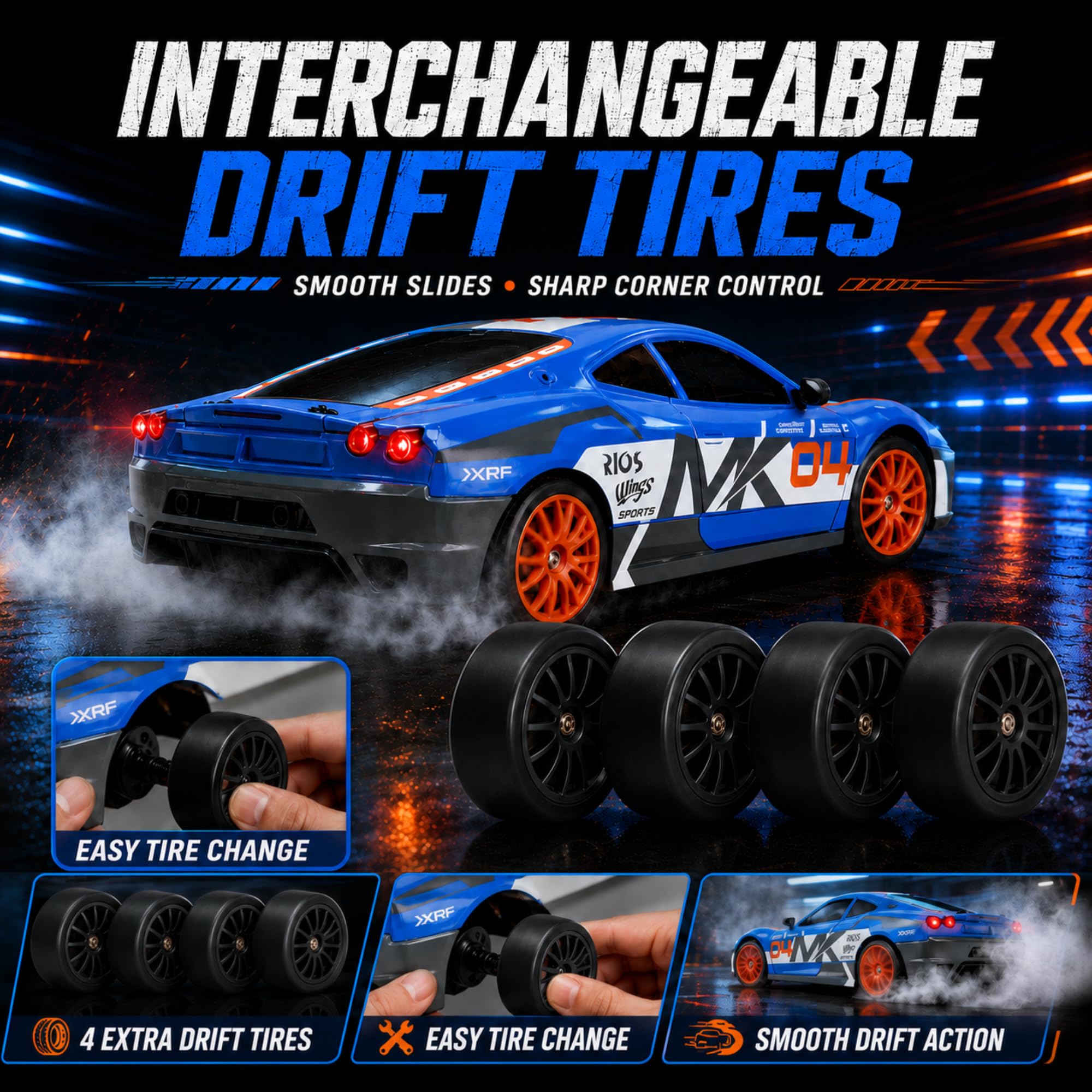 1/24 RC Drift Car 4WD 2.4GHz Remote Control Car with LED Lights and Drift Tires - Liberty Imports (Style 7)