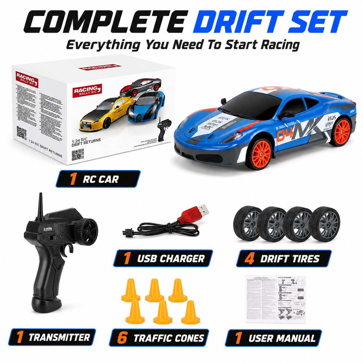 1/24 RC Drift Car 4WD 2.4GHz Remote Control Car with LED Lights and Drift Tires - Liberty Imports (Style 7)
