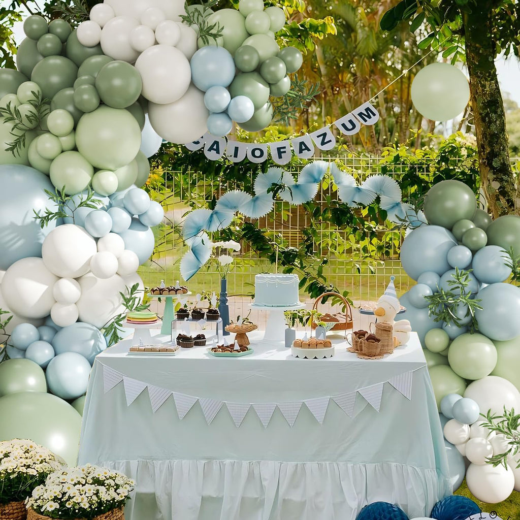 124Pc Sage Green & Macaron Blue Balloon Arch Kit – Pastel Decor for Gender Reveal, Birthday, Baby Shower & Wedding