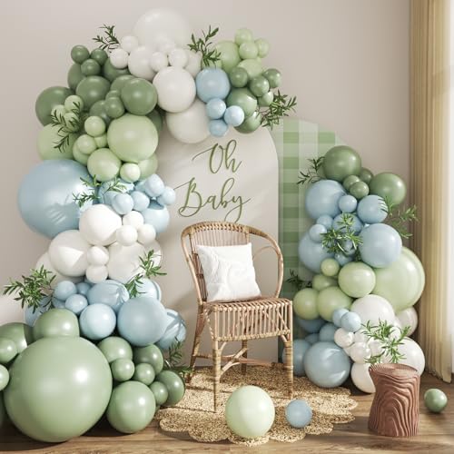124Pc Sage Green & Macaron Blue Balloon Arch Kit – Pastel Decor for Gender Reveal, Birthday, Baby Shower & Wedding