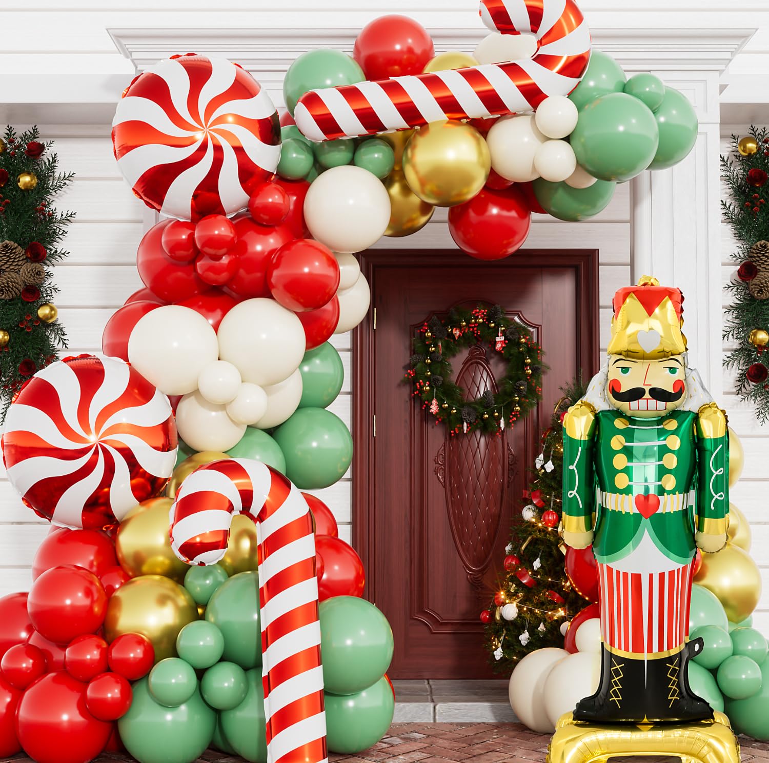 125PCS Christmas Balloon Garland Arch Kit - Red, Sage Green, Gold, White Sand with Nutcracker, Candy Cane Foil Balloons for Indoor Party Decor