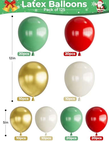 125PCS Christmas Balloon Garland Arch Kit - Red, Sage Green, Gold, White Sand with Nutcracker, Candy Cane Foil Balloons for Indoor Party Decor