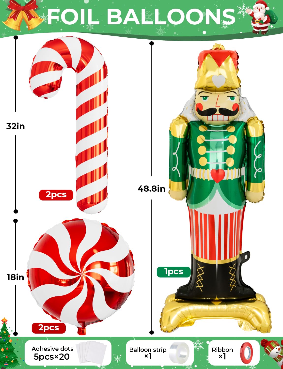 125PCS Christmas Balloon Garland Arch Kit - Red, Sage Green, Gold, White Sand with Nutcracker, Candy Cane Foil Balloons for Indoor Party Decor
