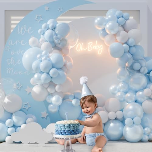 127-Piece Double Stuffed Blue Balloon Arch Kit by CROSSFINGERS – Pearl Blue, Macaron Light Blue, White & Clear Balloons for Weddings, Baby Showers & Parties