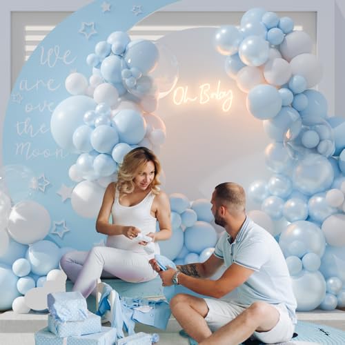 127-Piece Double Stuffed Blue Balloon Arch Kit by CROSSFINGERS – Pearl Blue, Macaron Light Blue, White & Clear Balloons for Weddings, Baby Showers & Parties