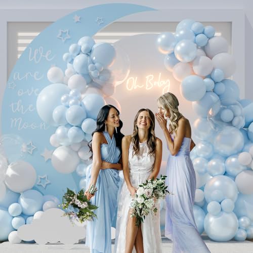 127-Piece Double Stuffed Blue Balloon Arch Kit by CROSSFINGERS – Pearl Blue, Macaron Light Blue, White & Clear Balloons for Weddings, Baby Showers & Parties