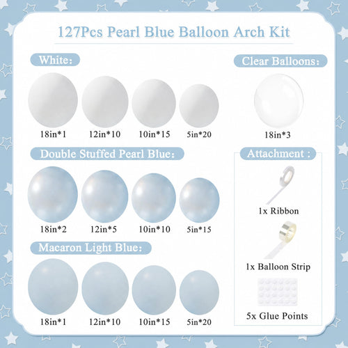 127-Piece Double Stuffed Blue Balloon Arch Kit by CROSSFINGERS – Pearl Blue, Macaron Light Blue, White & Clear Balloons for Weddings, Baby Showers & Parties