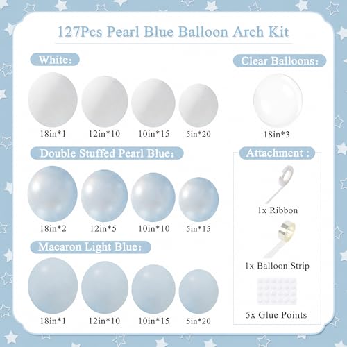 127-Piece Double Stuffed Blue Balloon Arch Kit by CROSSFINGERS – Pearl Blue, Macaron Light Blue, White & Clear Balloons for Weddings, Baby Showers & Parties