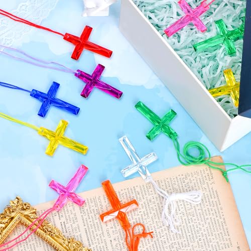 128 Bulk Cross Necklaces for Church Events & Sunday School – 8 Colors, Polystyrene, Non-Toxic, Party Favors for Easter, VBS, Christmas