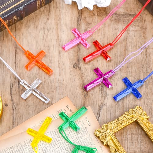 128 Bulk Cross Necklaces for Church Events & Sunday School – 8 Colors, Polystyrene, Non-Toxic, Party Favors for Easter, VBS, Christmas