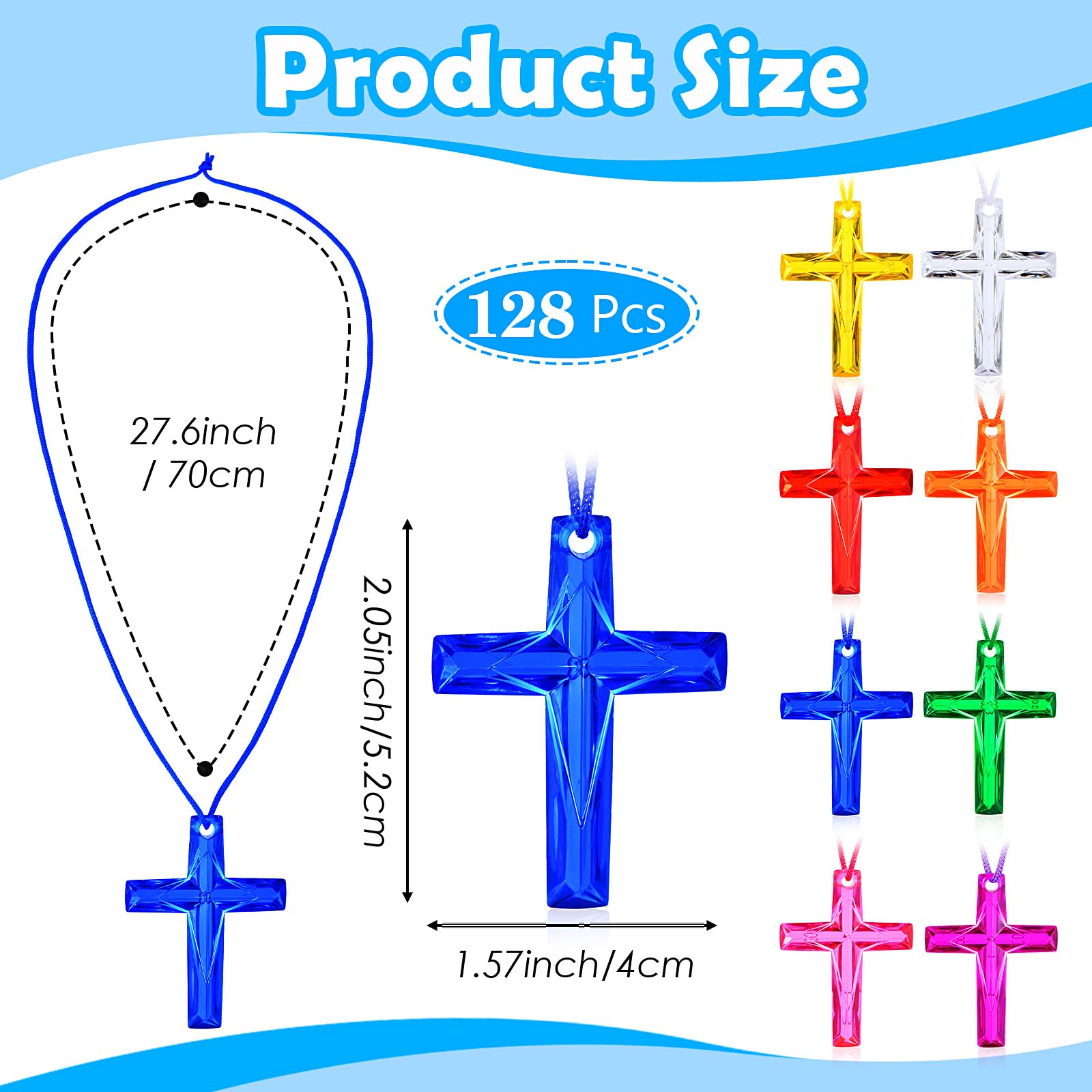 128 Bulk Cross Necklaces for Church Events & Sunday School – 8 Colors, Polystyrene, Non-Toxic, Party Favors for Easter, VBS, Christmas