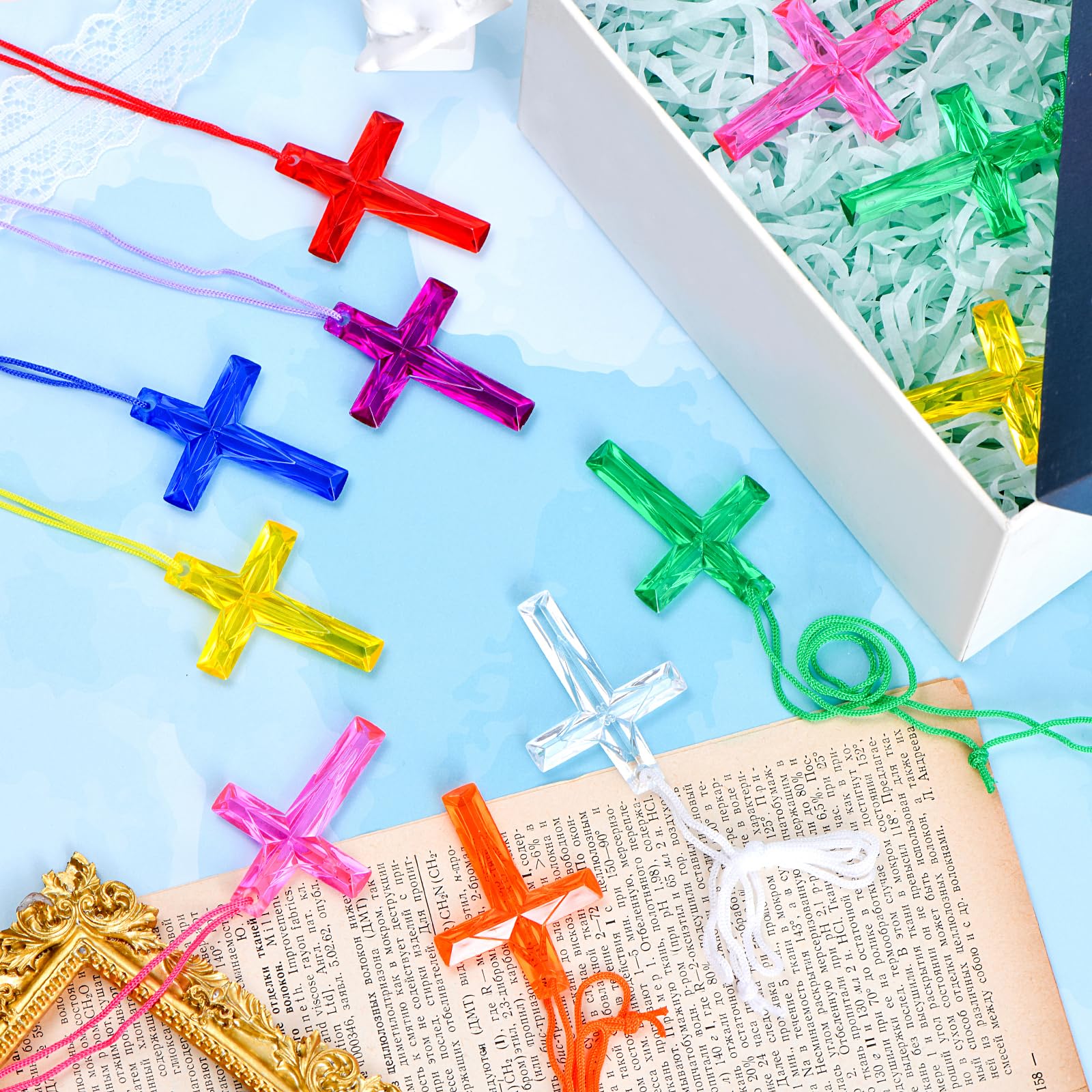 128 Bulk Cross Necklaces for Church Events & Sunday School – 8 Colors, Polystyrene, Non-Toxic, Party Favors for Easter, VBS, Christmas