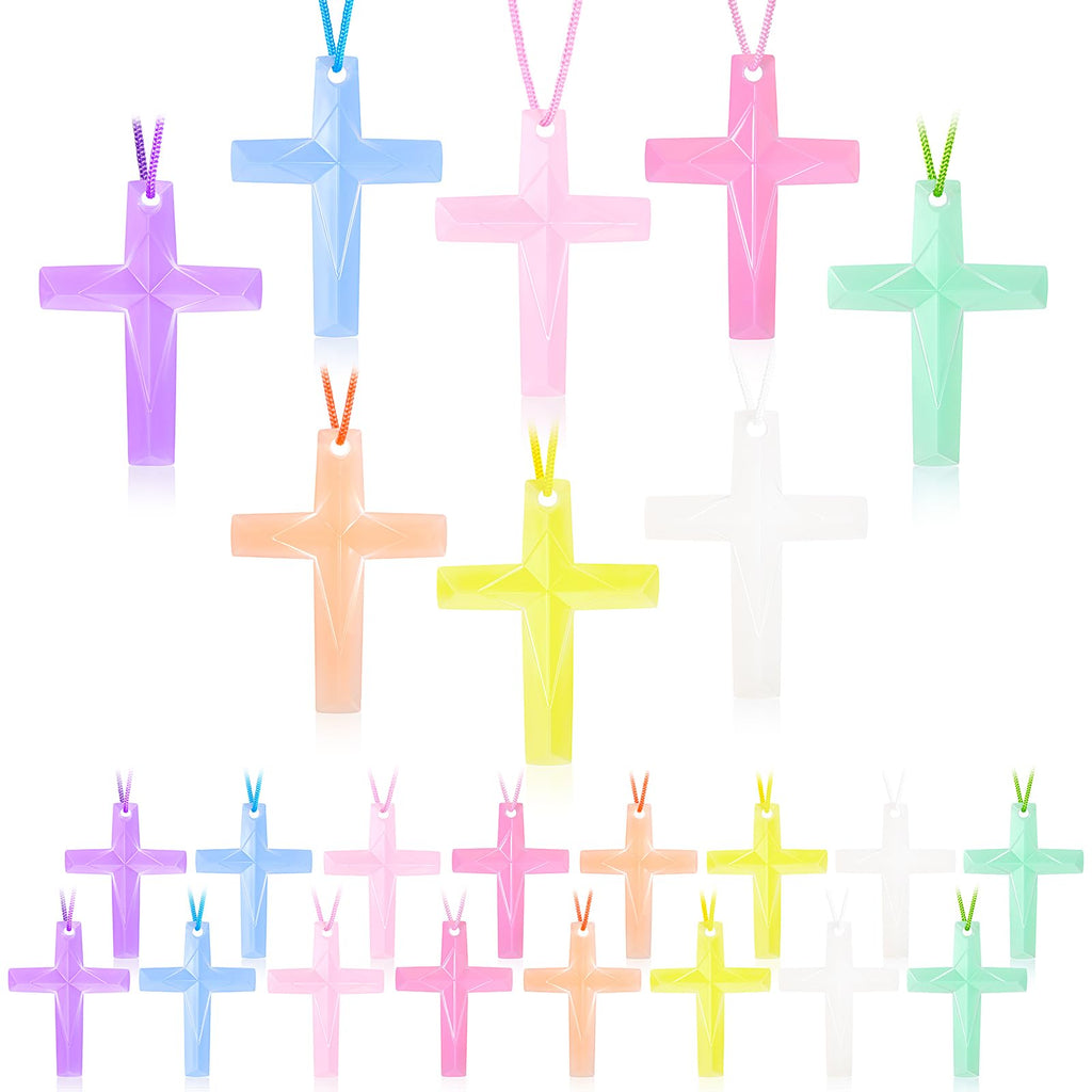 128 Pcs Plastic Cross Necklaces Bulk – 8 Colors Crystal Cross Necklaces for Sunday School, Easter, Church Party Favors