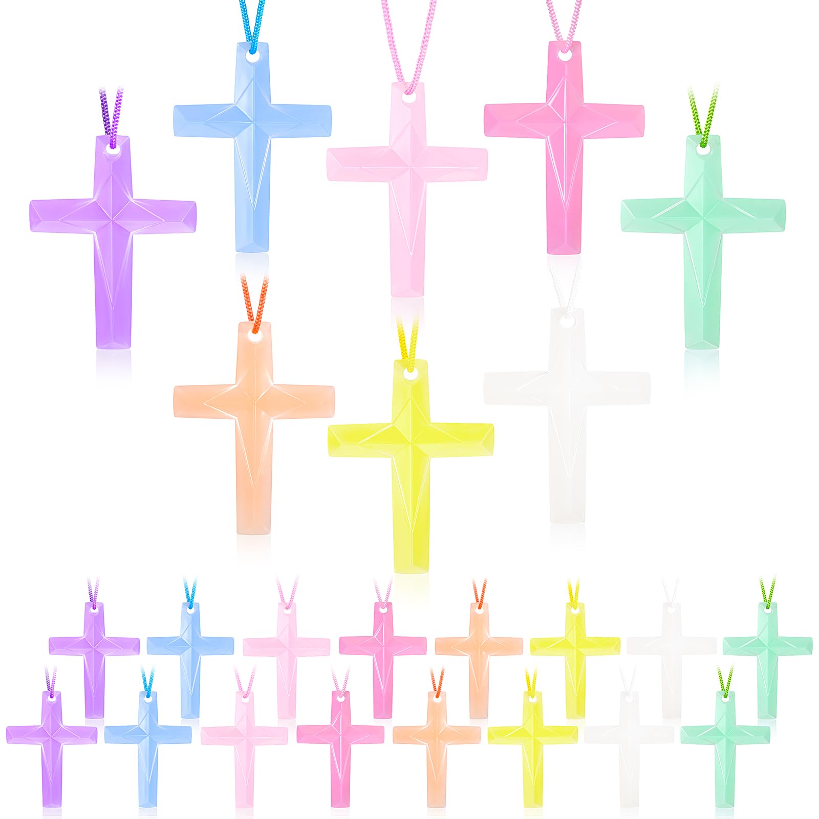 128 Pcs Plastic Cross Necklaces Bulk – 8 Colors Crystal Cross Necklaces for Sunday School, Easter, Church Party Favors