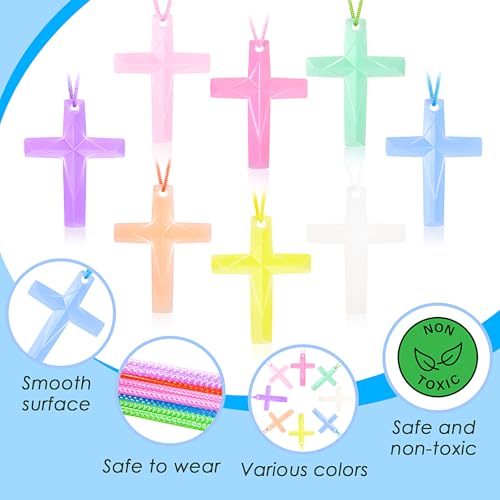 128 Pcs Plastic Cross Necklaces Bulk – 8 Colors Crystal Cross Necklaces for Sunday School, Easter, Church Party Favors
