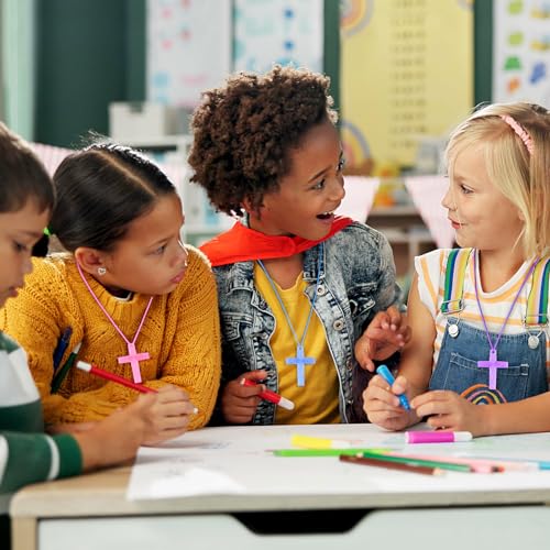 128 Pcs Plastic Cross Necklaces Bulk – 8 Colors Crystal Cross Necklaces for Sunday School, Easter, Church Party Favors