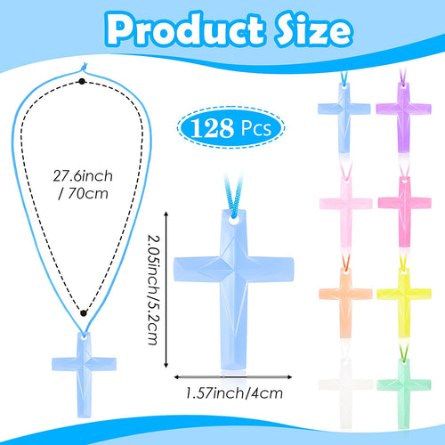 128 Pcs Plastic Cross Necklaces Bulk – 8 Colors Crystal Cross Necklaces for Sunday School, Easter, Church Party Favors