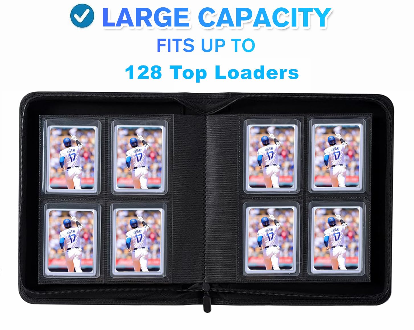 128-Pocket Toploader Binder (Black) – Holds 128 Rigid Card Holders, Ringless PU Leather Album for 3x4 Toploaders