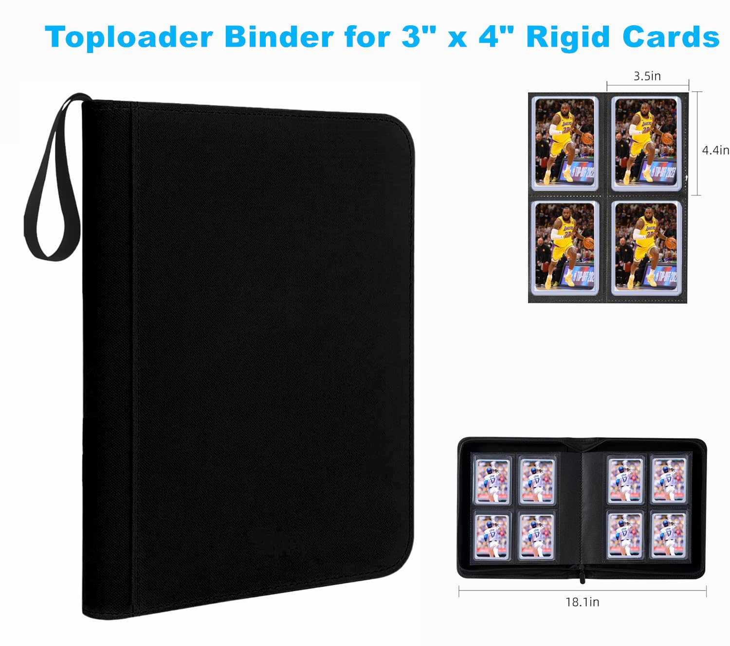 128-Pocket Toploader Binder (Black) – Holds 128 Rigid Card Holders, Ringless PU Leather Album for 3x4 Toploaders