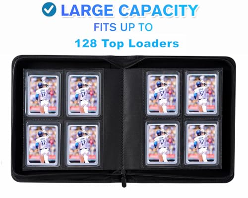 128-Pocket Toploader Binder (Black) – Holds 128 Rigid Card Holders, Ringless PU Leather Album for 3x4 Toploaders