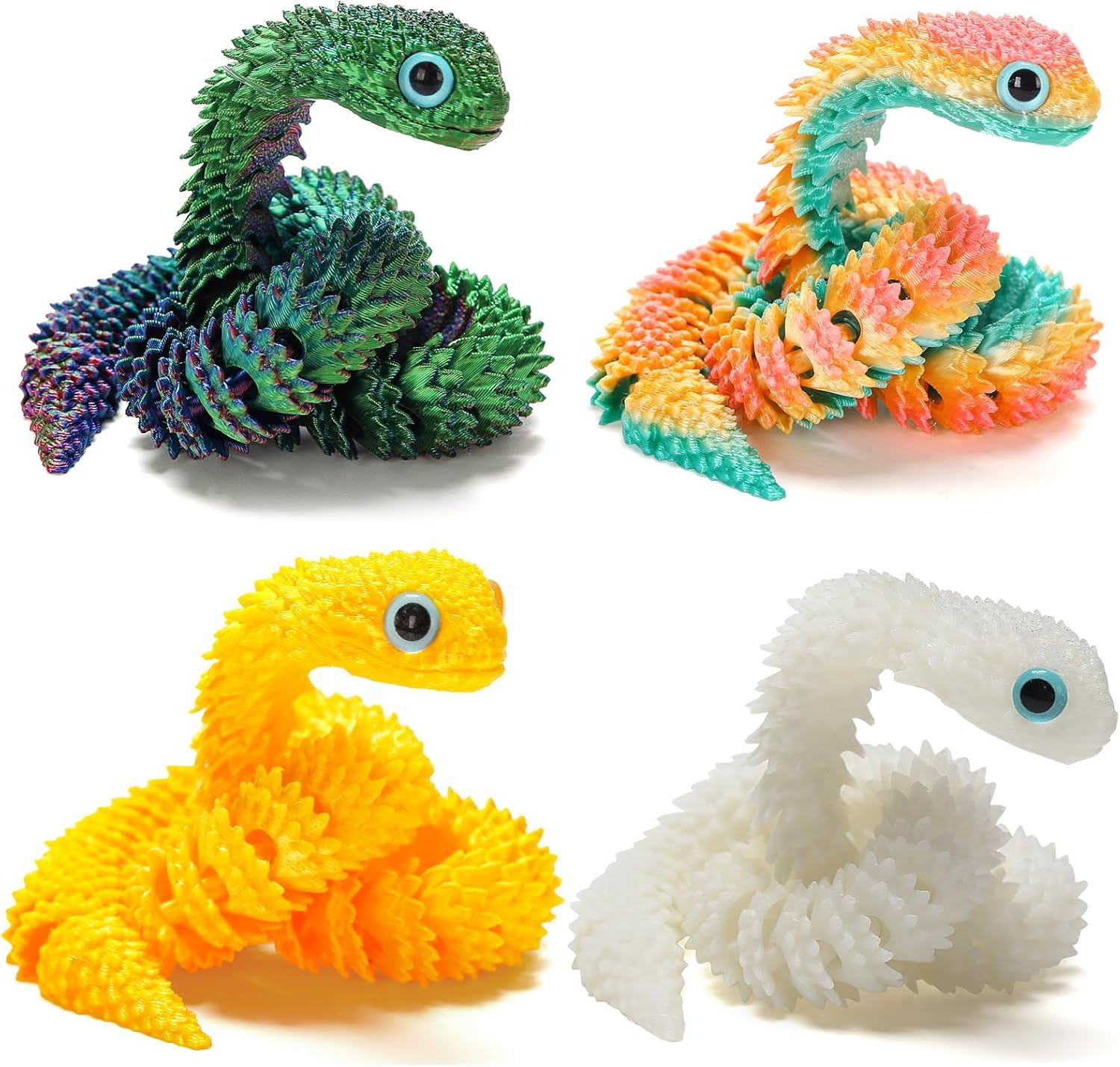 12in Flexible 3D Printed Snake Toy (4-Pack) – Glow-in-the-Dark, Non-Toxic, Poseable Decoration for Holidays, Parties, and Creative Play