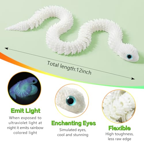 12in Flexible 3D Printed Snake Toy (4-Pack) – Glow-in-the-Dark, Non-Toxic, Poseable Decoration for Holidays, Parties, and Creative Play