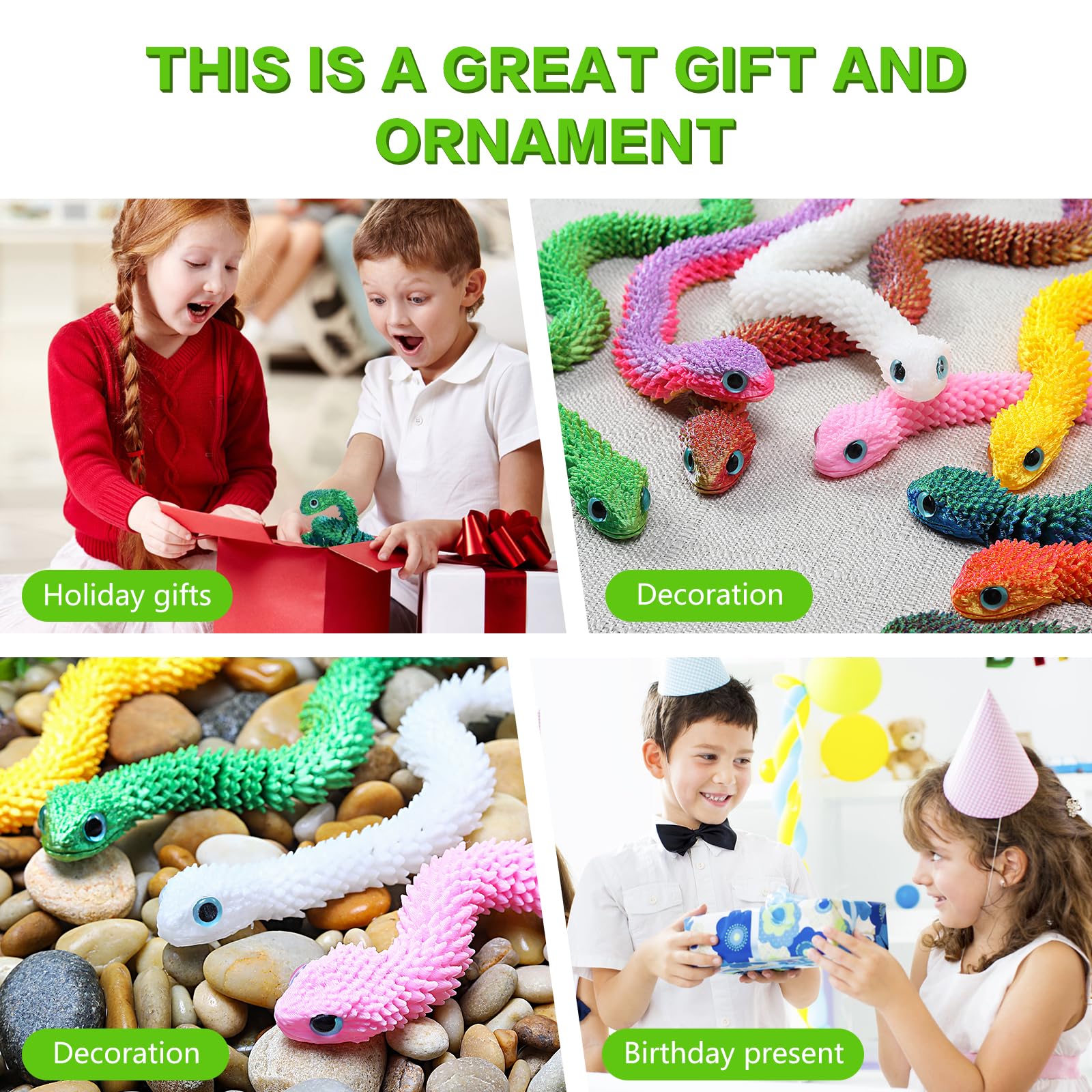 12in Flexible 3D Printed Snake Toy (4-Pack) – Glow-in-the-Dark, Non-Toxic, Poseable Decoration for Holidays, Parties, and Creative Play