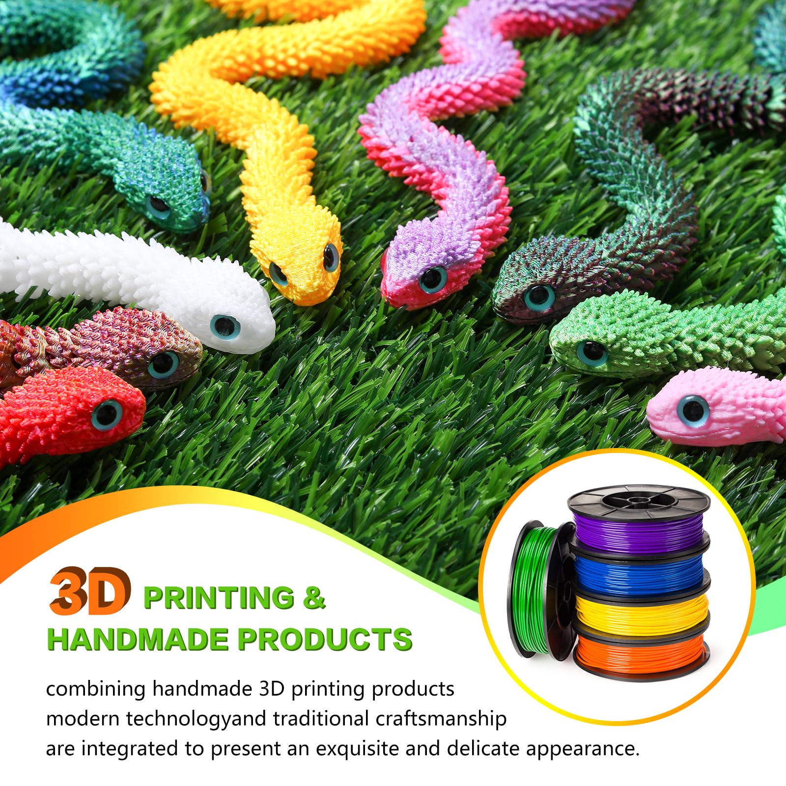 12in Flexible 3D Printed Snake Toy (4-Pack) – Glow-in-the-Dark, Non-Toxic, Poseable Decoration for Holidays, Parties, and Creative Play