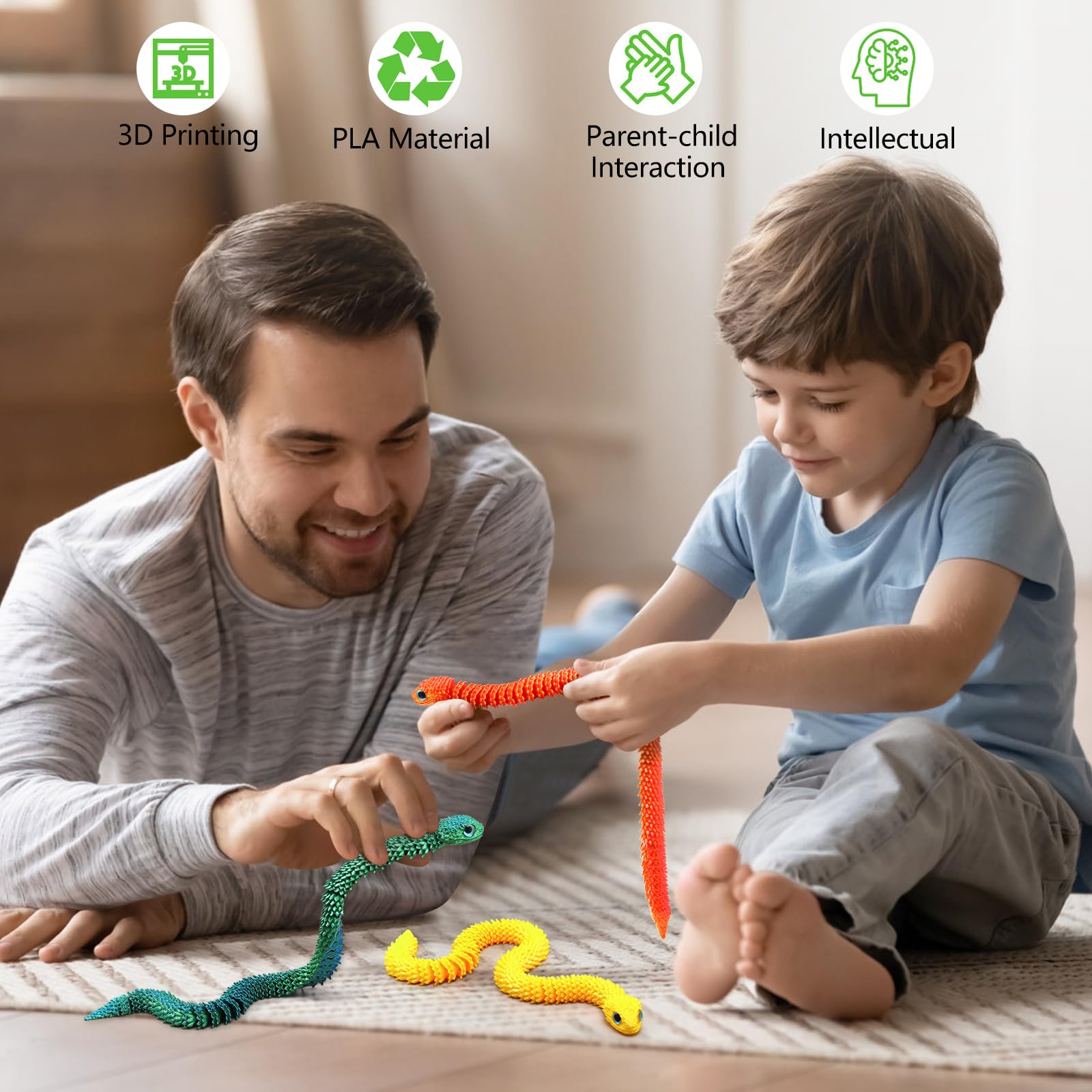12in Flexible 3D Printed Snake Toy (4-Pack) – Glow-in-the-Dark, Non-Toxic, Poseable Decoration for Holidays, Parties, and Creative Play