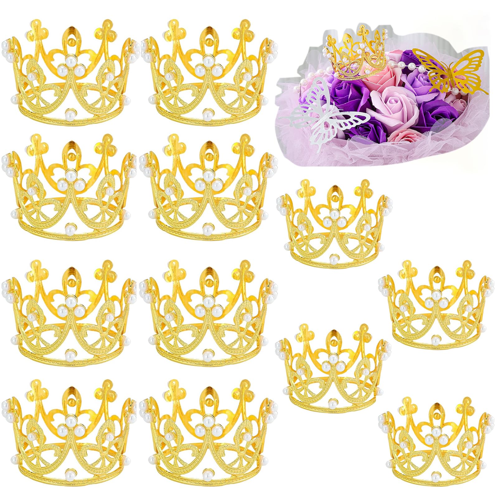 12PCS Crown Cake Toppers - Pearl Tiara Gold Crown for Wedding, Baby Shower, Birthday Party Decor, Flower Bouquets