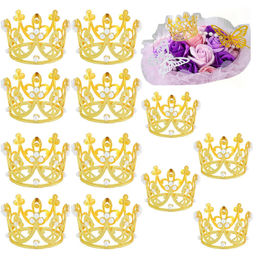 12PCS Crown Cake Toppers - Pearl Tiara Gold Crown for Wedding, Baby Shower, Birthday Party Decor, Flower Bouquets