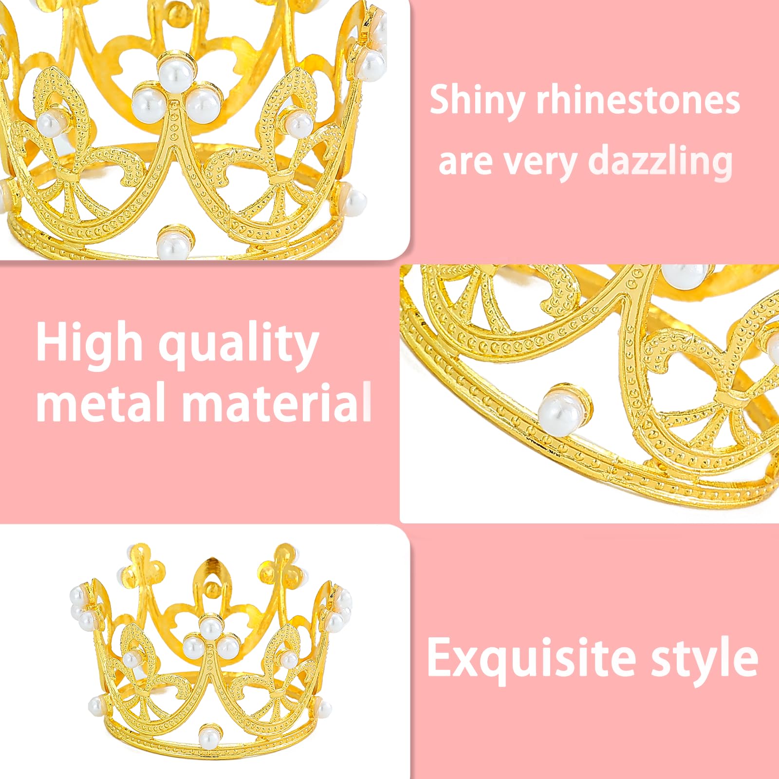 12PCS Crown Cake Toppers - Pearl Tiara Gold Crown for Wedding, Baby Shower, Birthday Party Decor, Flower Bouquets