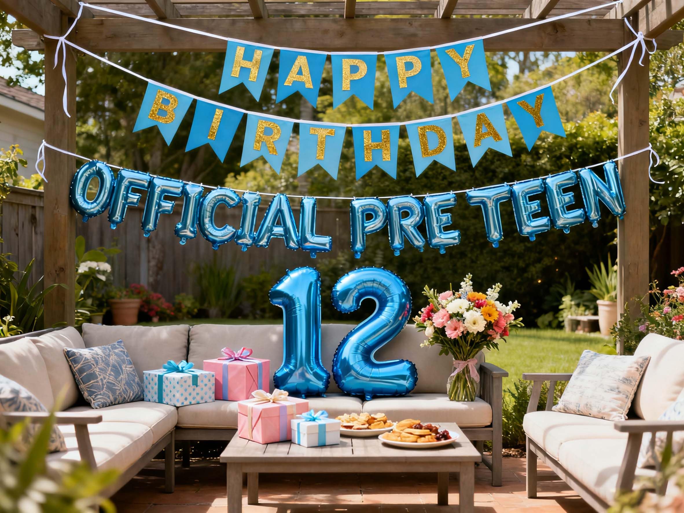 12th Birthday Decorations for Boys Girls – Blue Foil Balloon Set with Banner and Number 12