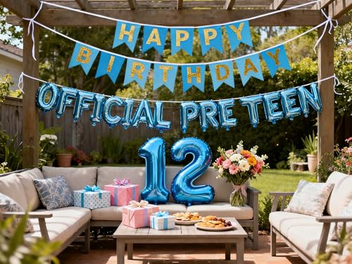 12th Birthday Decorations for Boys Girls – Blue Foil Balloon Set with Banner and Number 12