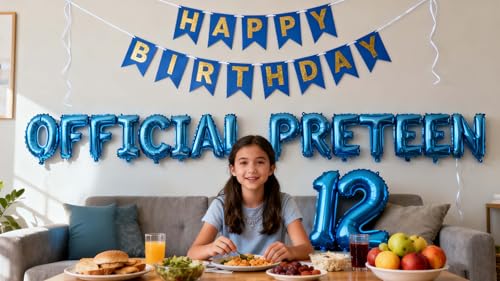 12th Birthday Decorations for Boys Girls – Blue Foil Balloon Set with Banner and Number 12